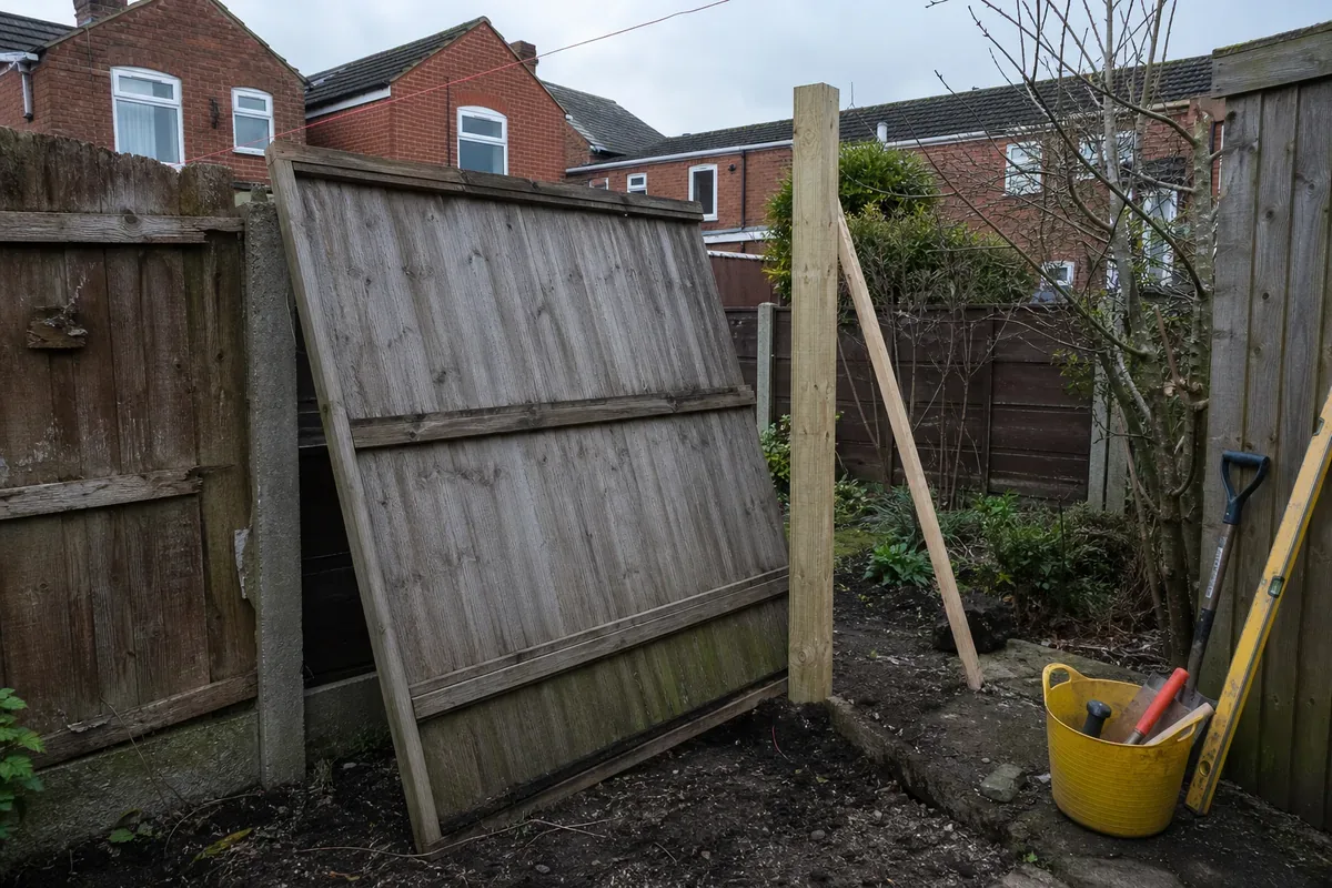 Damaged garden fence being repaired in Blackburn